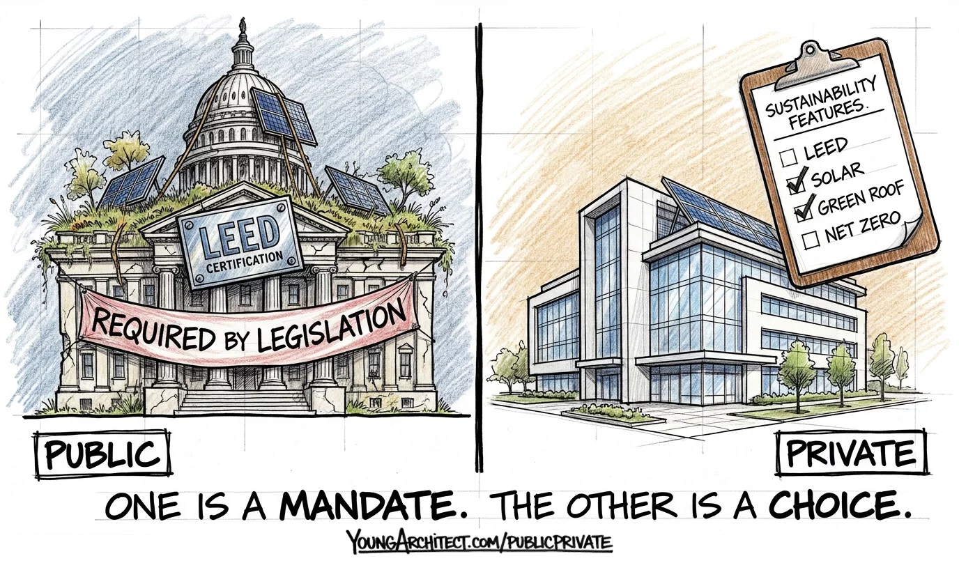 Public building wears mandatory LEED certification and green roof while a private building picks from a checklist