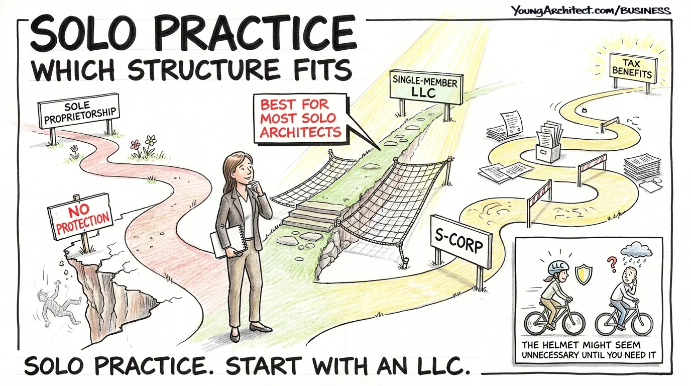 Solo architect at a crossroads choosing between sole proprietorship, single-member LLC, and S-Corp with LLC highlighted