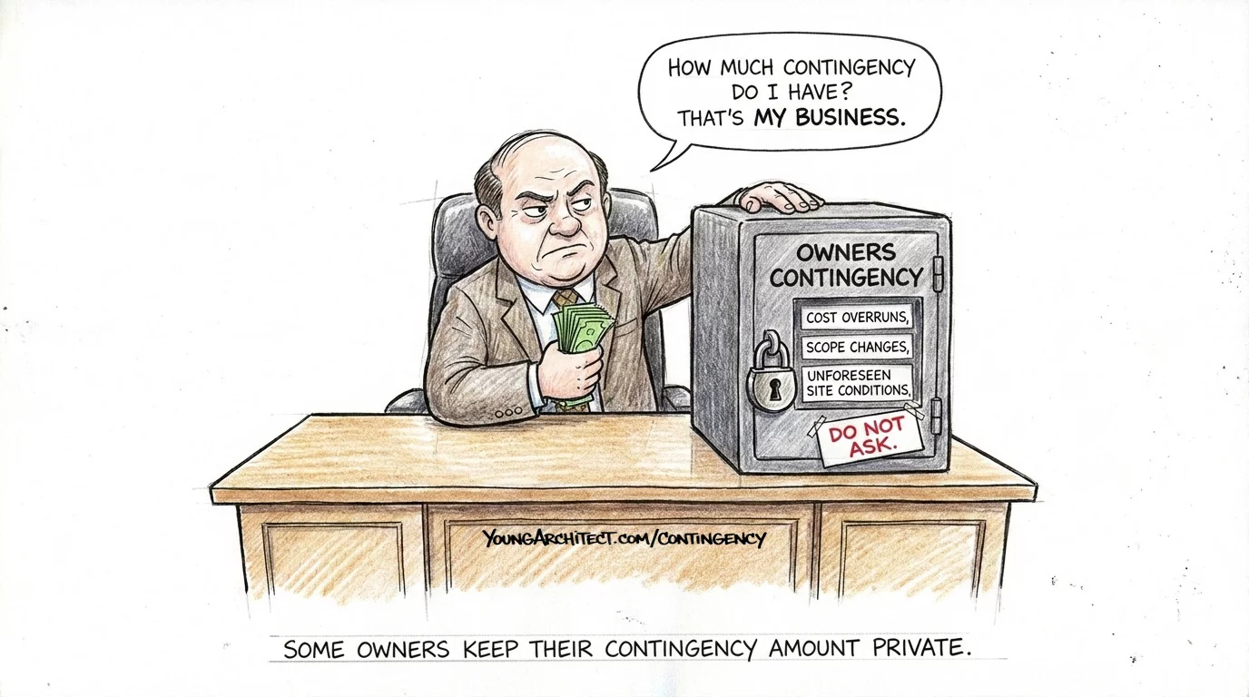 Building owner guarding a locked safe labeled owners contingency covering cost overruns scope changes and site conditions