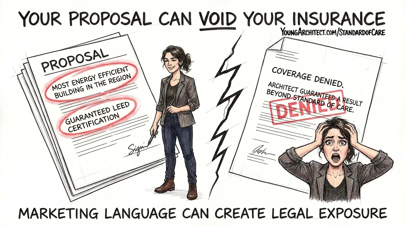 Architect signs a proposal with bold guarantees then panics when insurance coverage is denied for exceeding standard of care