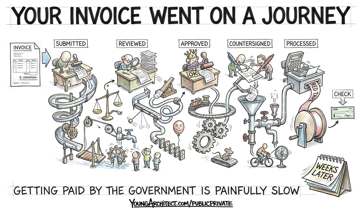 Invoice travels through a Rube Goldberg chain of government approvals before a check arrives weeks later