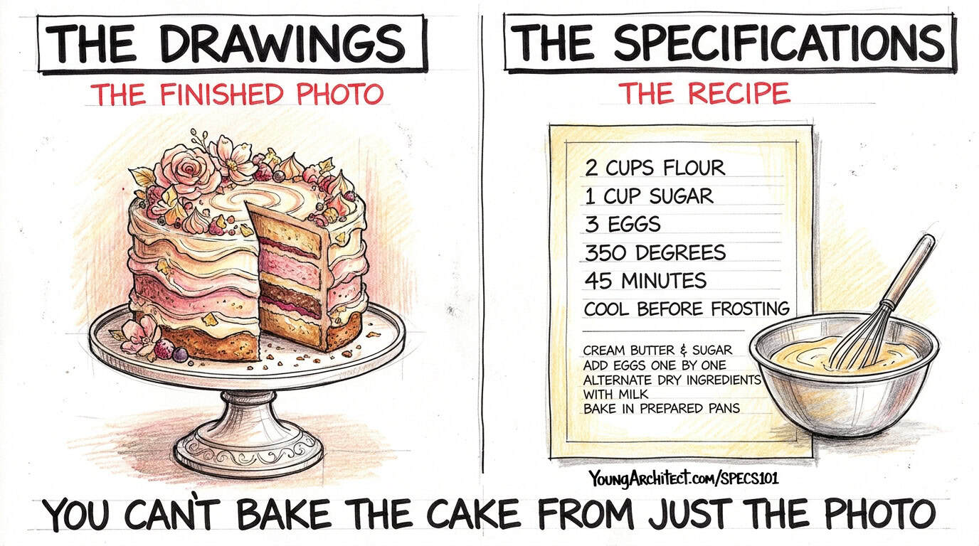 Finished cake photo compared to a detailed recipe card showing how construction specifications work