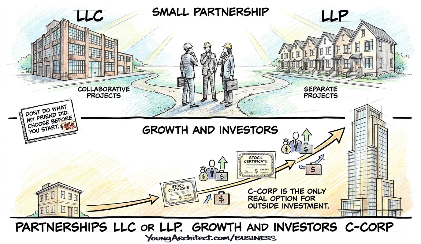 Architecture partnership choosing between LLC for collaborative projects and LLP for separate projects with C-Corp for growth