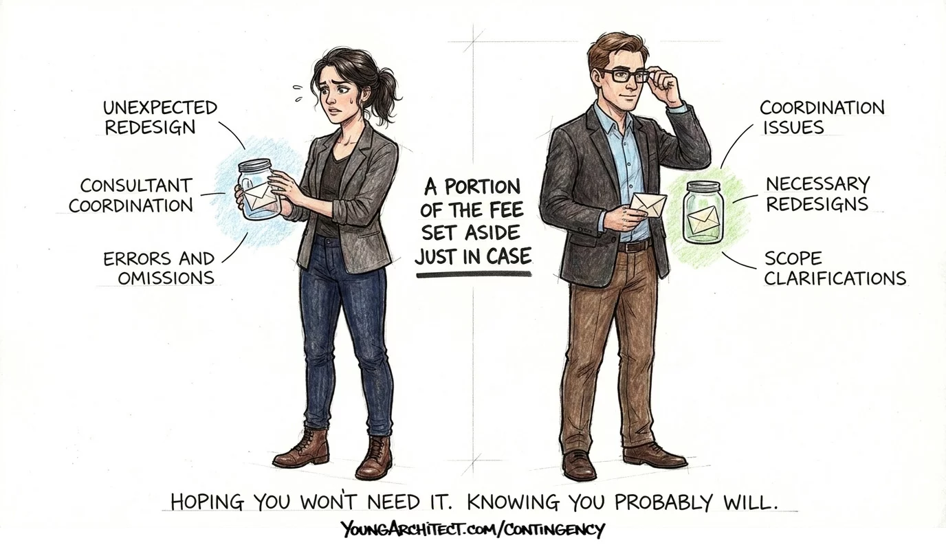 Architect and consultant each holding a contingency jar for unexpected redesign work coordination issues and errors