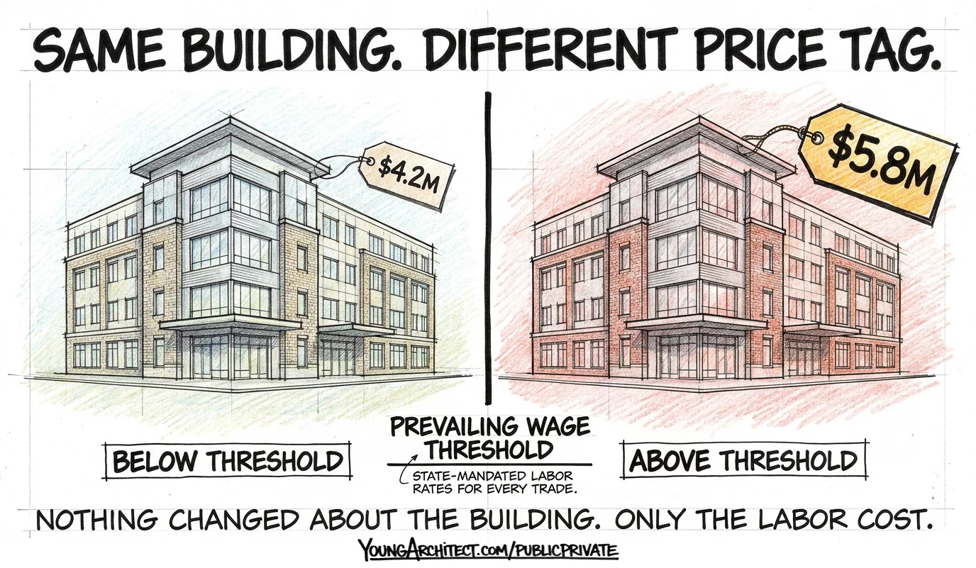 Same building costs 4.2 million below the prevailing wage threshold and 5.8 million above it