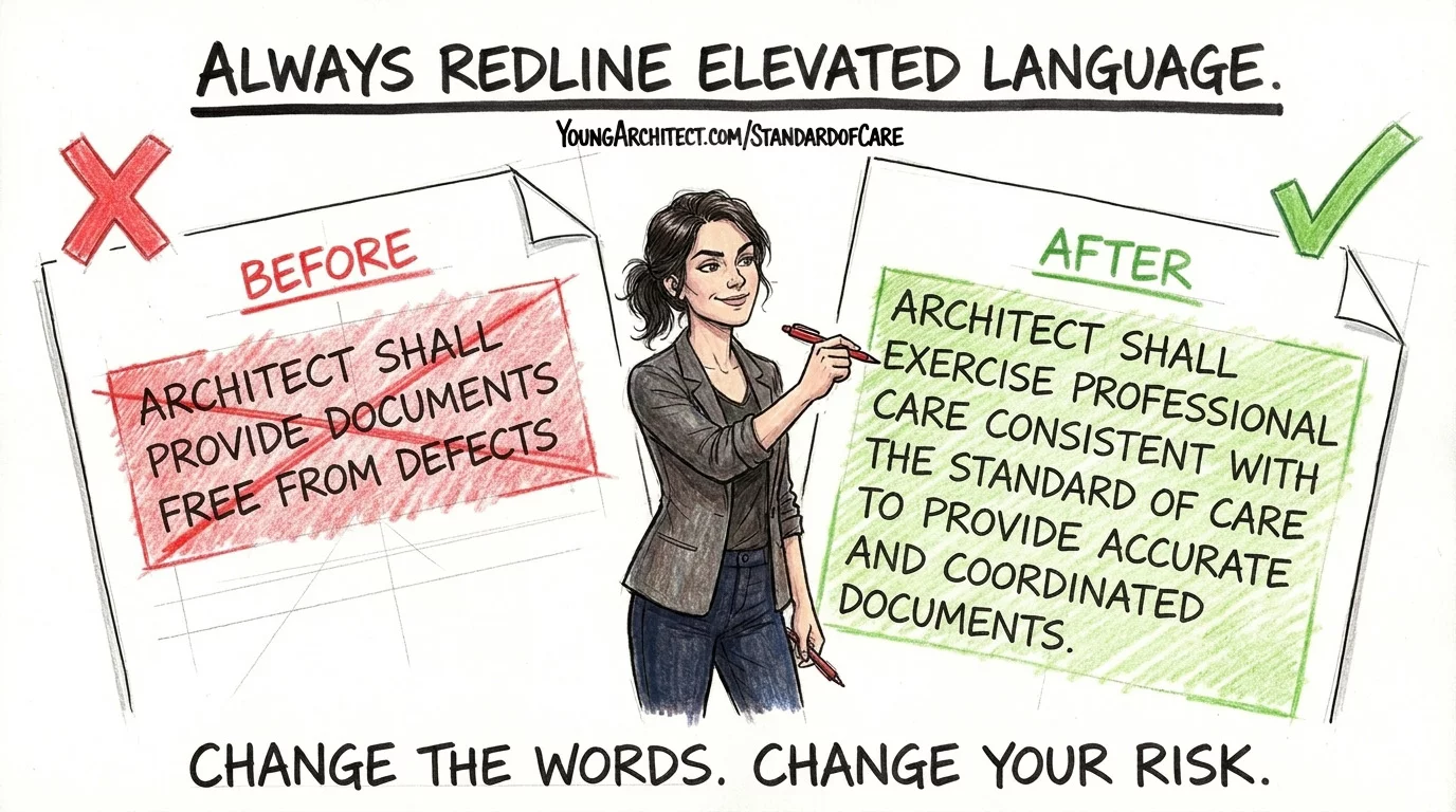 Before and after redline replacing documents free from defects with standard of care language in an architect contract