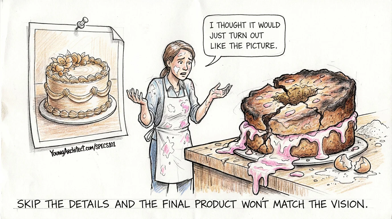 Baker stares at a collapsed disaster cake next to the original photo after skipping the specifications