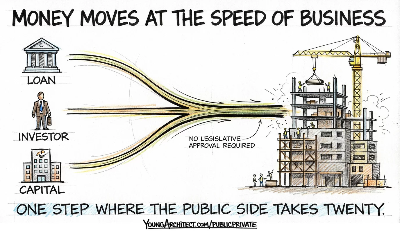 Private funding flows directly from loan, investor, and capital to construction with no legislative approval