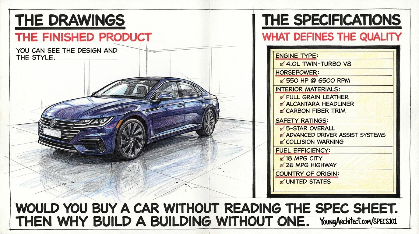 Car in a showroom next to its spec sheet showing engine, horsepower, materials, and safety ratings