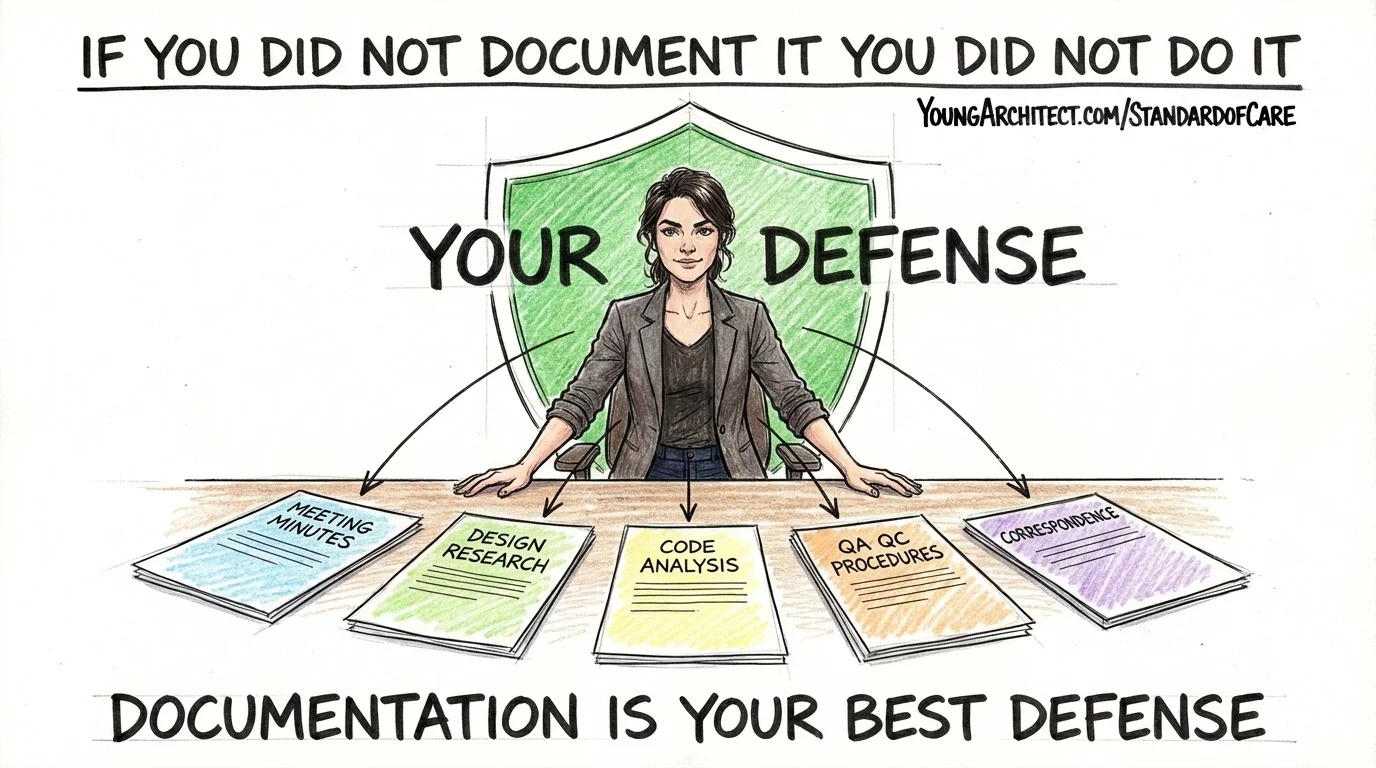 Architect stands behind a defense shield with five documentation types: meeting minutes, research, code analysis, QA QC, and correspondence