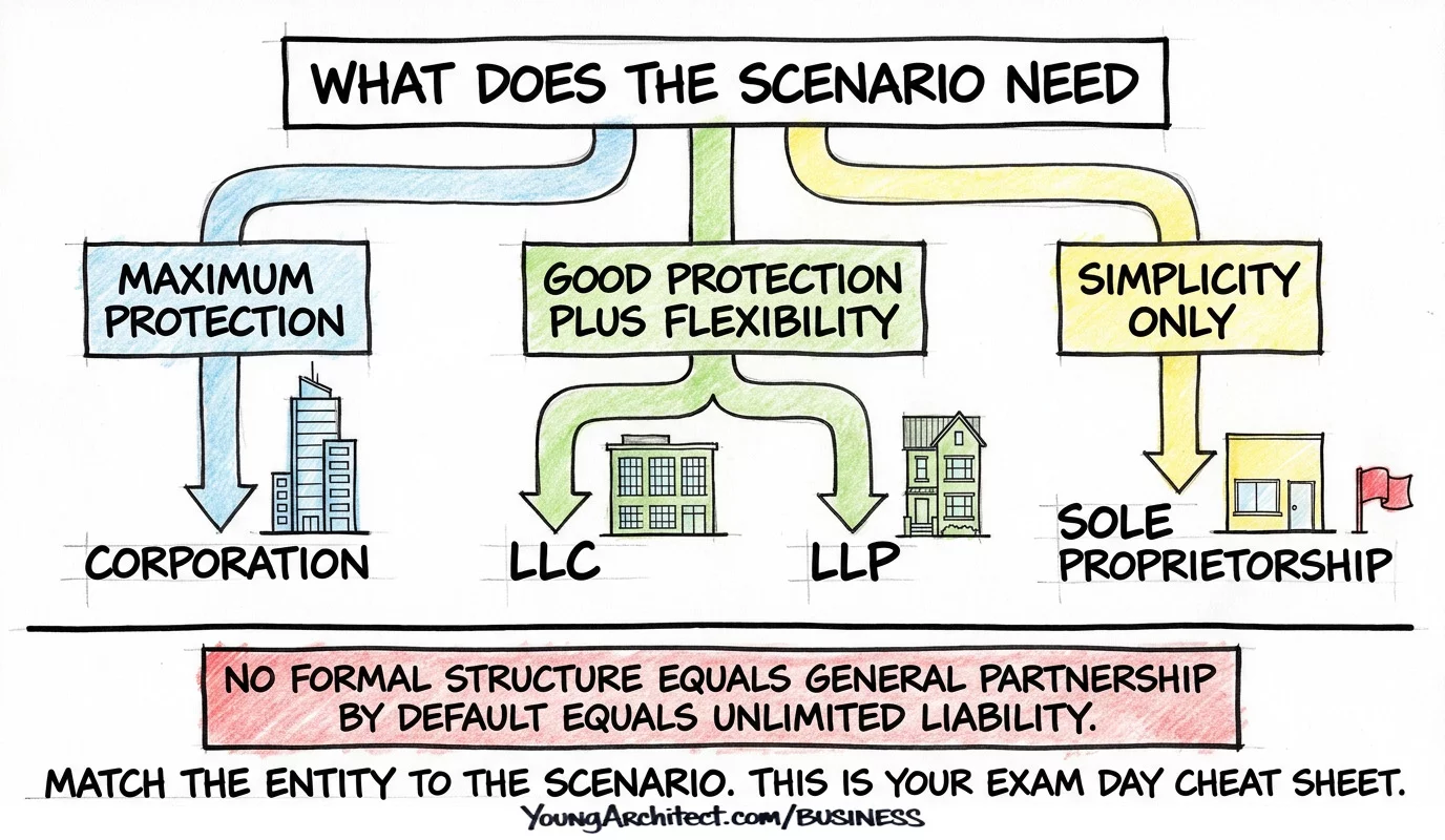ARE exam decision tree matching business entity types to scenarios based on protection level, flexibility, and simplicity