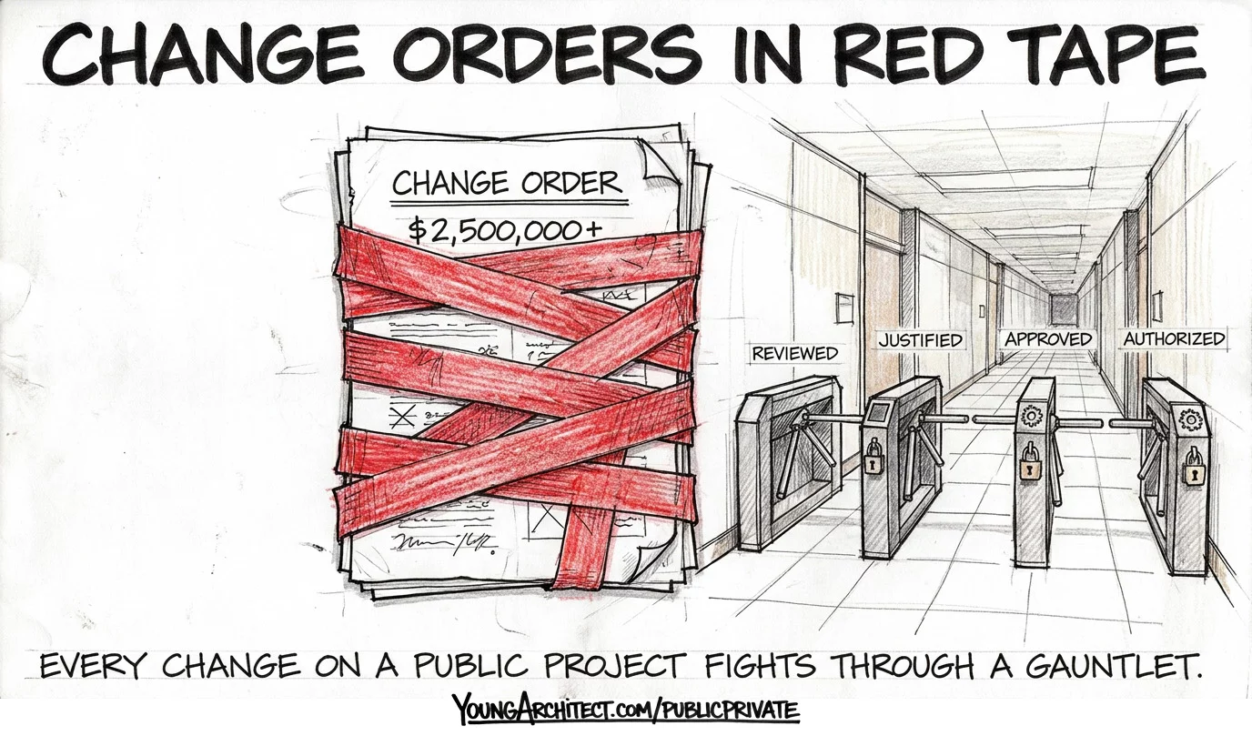 Public works change order wrapped in red tape facing a corridor of review, approval, and authorization gates