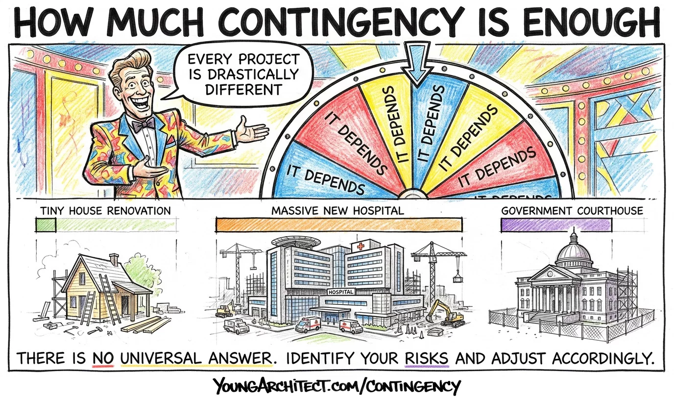 Game show host spinning a wheel where every slice says it depends with three different project types below