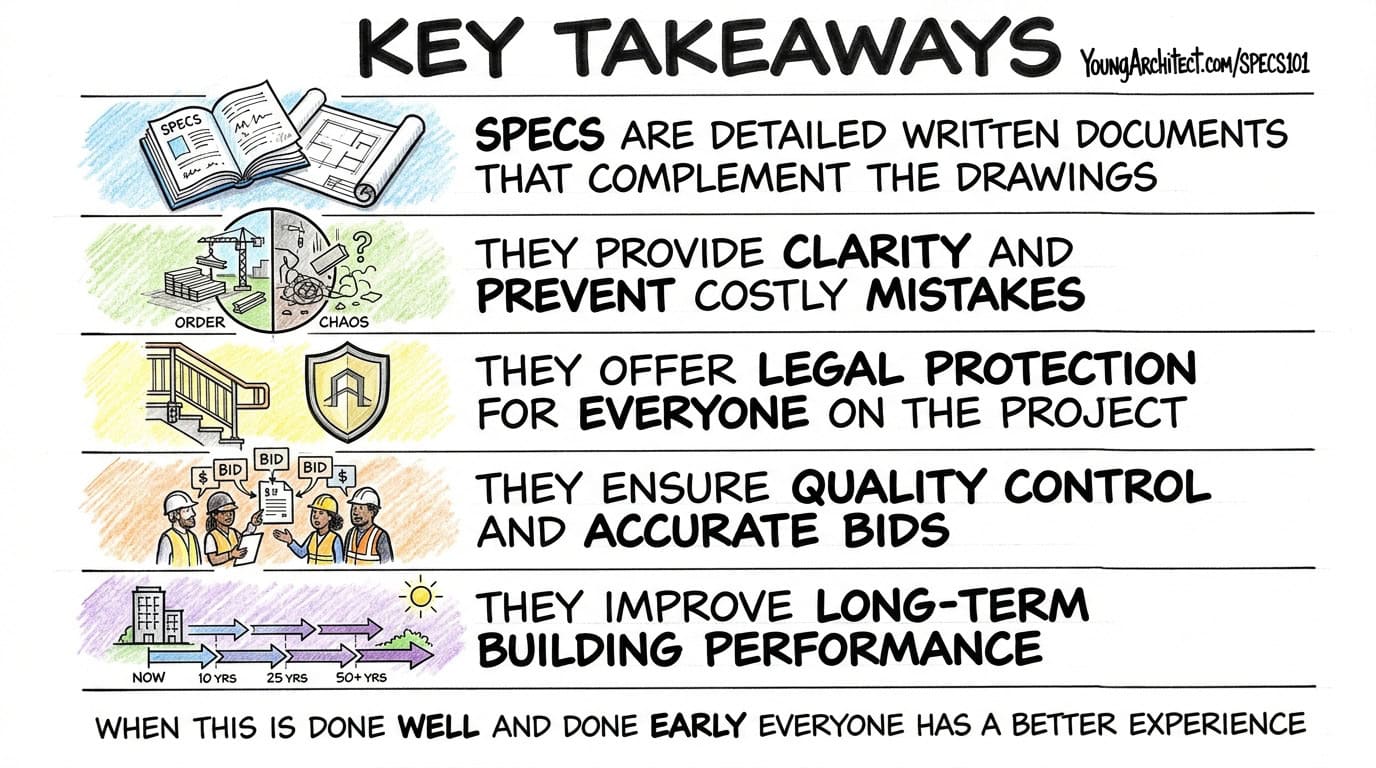 Construction specifications key takeaways covering clarity, legal protection, quality, bids, and performance