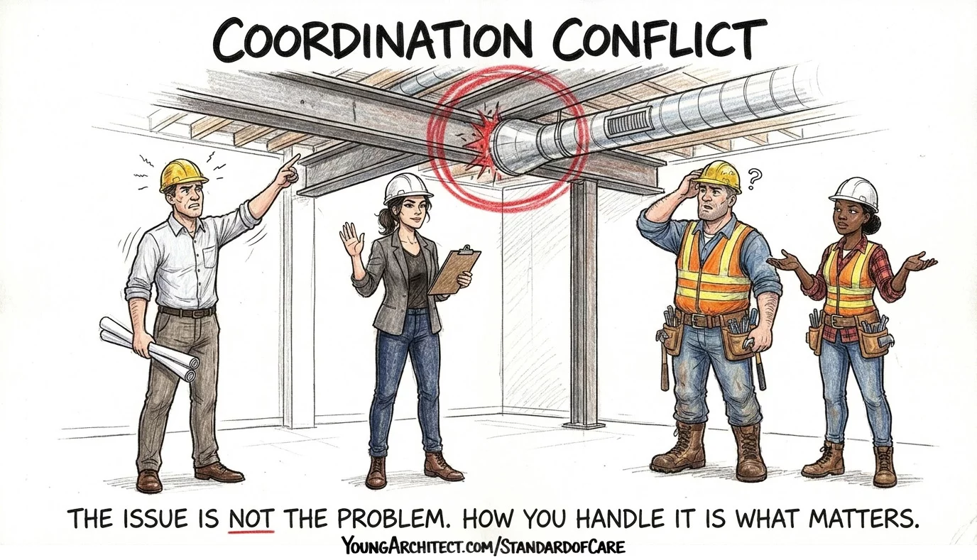 Architect mediates a beam versus duct coordination conflict on site while engineer and contractors discuss the resolution
