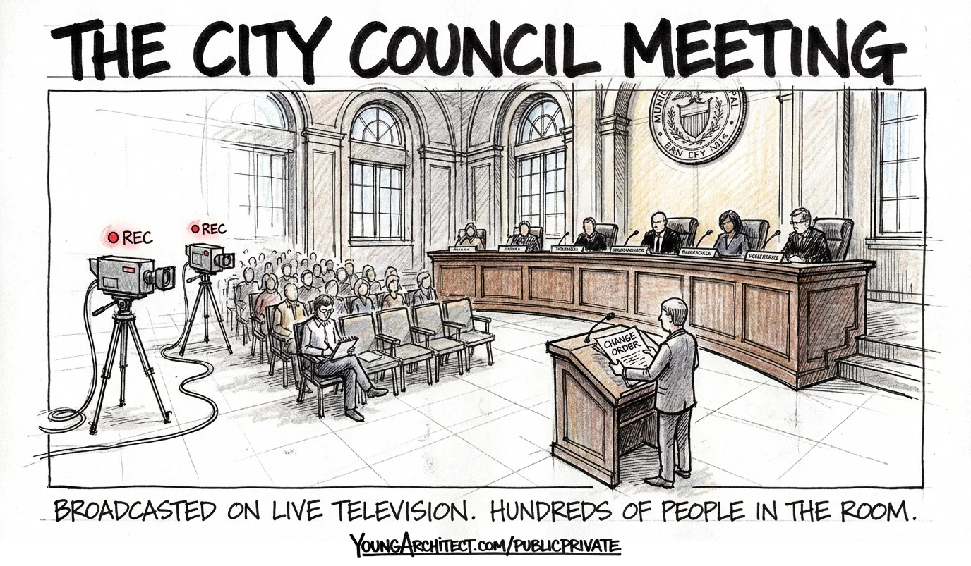 Project manager presents a change order at the podium of a city council meeting broadcasted on live television