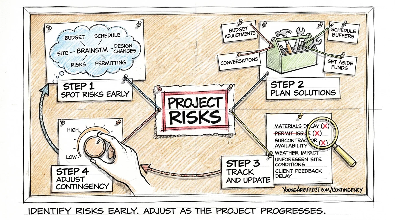 Four-step risk management cycle on a detective board showing spot risks plan solutions track updates and adjust contingency