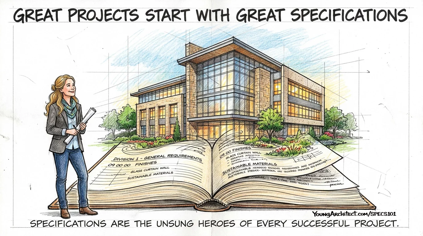Completed building rises from an open specification book as an architect looks on confidently