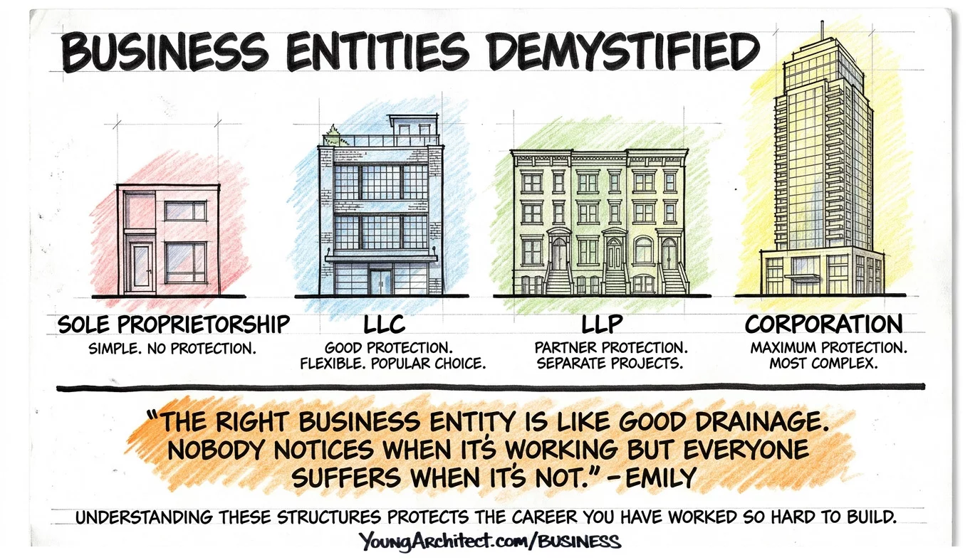 Business entity recap showing four building types with the quote about good drainage that nobody notices until it fails
