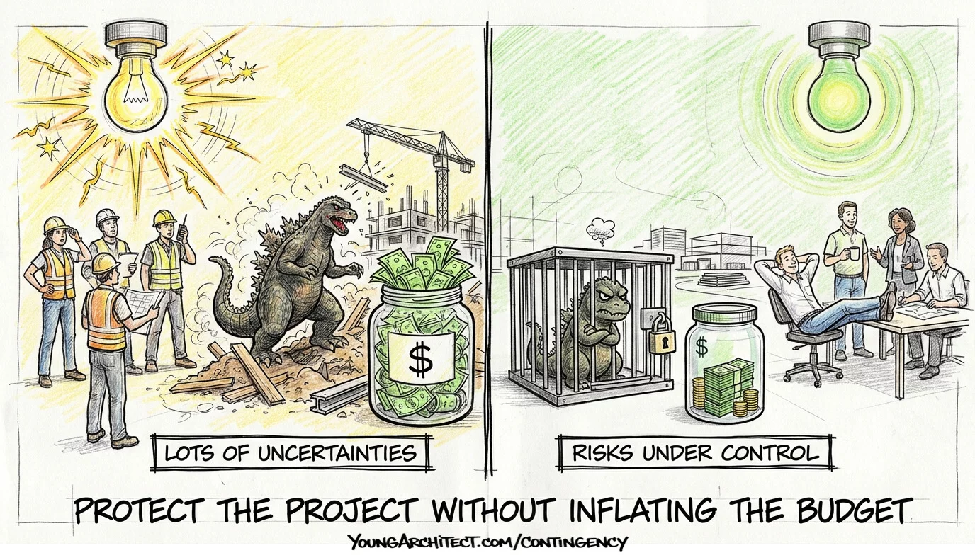 Split scene with large contingency monster during high uncertainty vs small caged monster when risks are under control