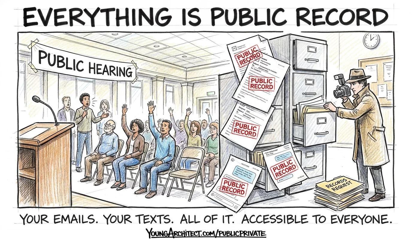 Public hearing with raised hands beside a reporter filing a records request for stamped public record documents