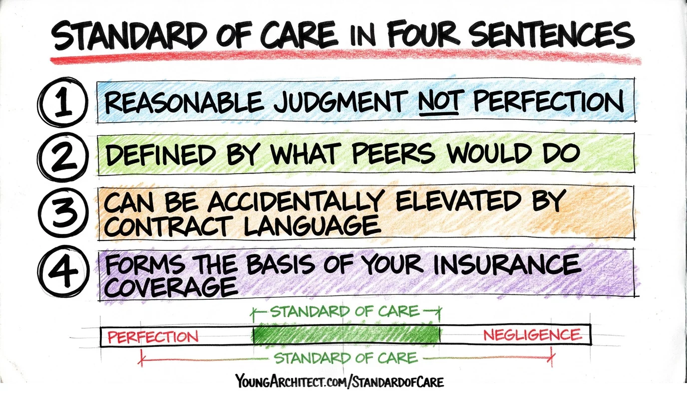 Standard of care recap card with four key points: reasonable judgment, peer standard, contract elevation risk, and insurance basis