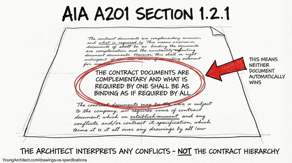 Hand-drawn sketch of AIA A201 Section 1.2.1 showing that construction drawings and specifications are complementary contract documents, with the architect responsible for interpreting any conflicts.
