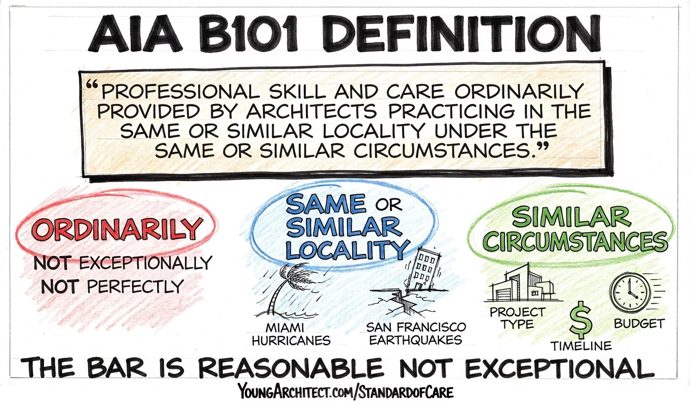 AIA B101 standard of care definition broken into three key words: ordinarily, similar locality, and similar circumstances