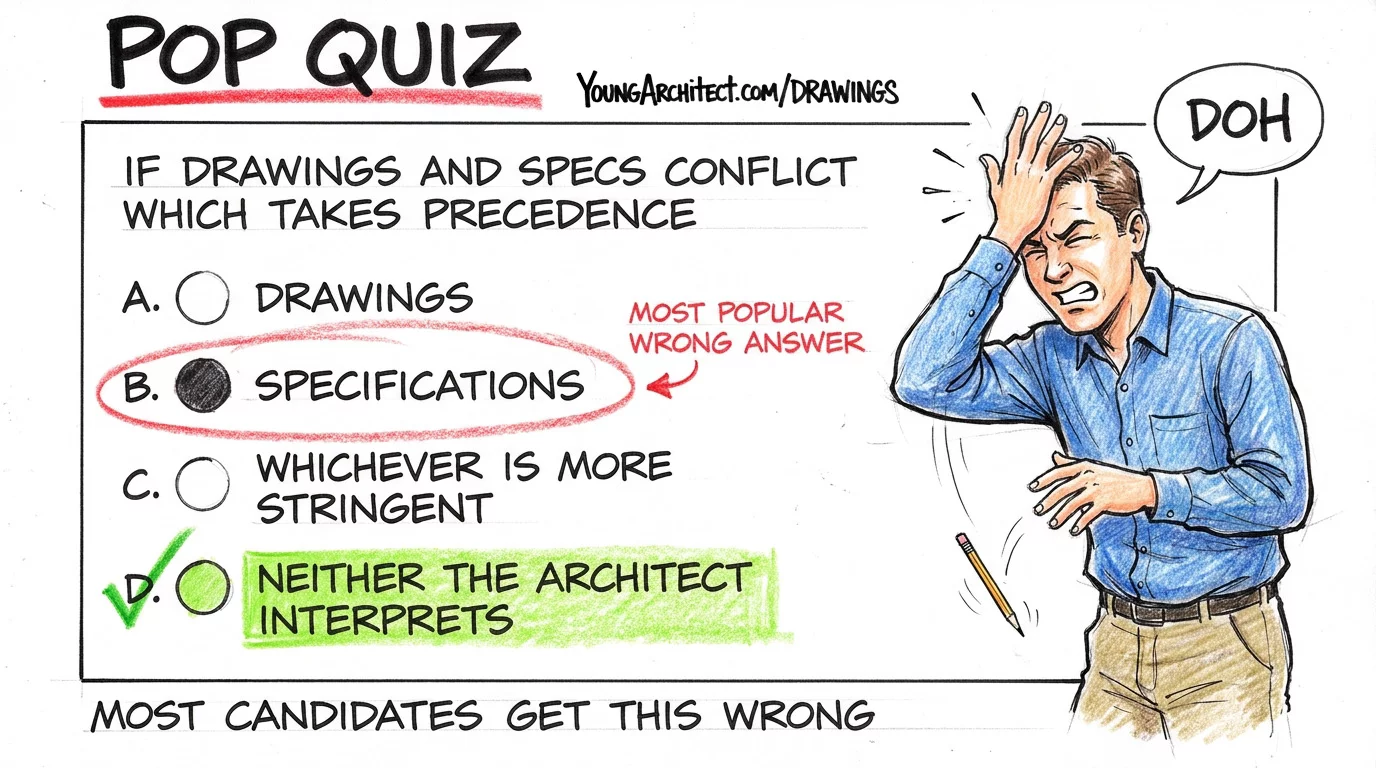 Candidate facepalms after circling specifications as the answer while the correct choice, architect interprets, glows green