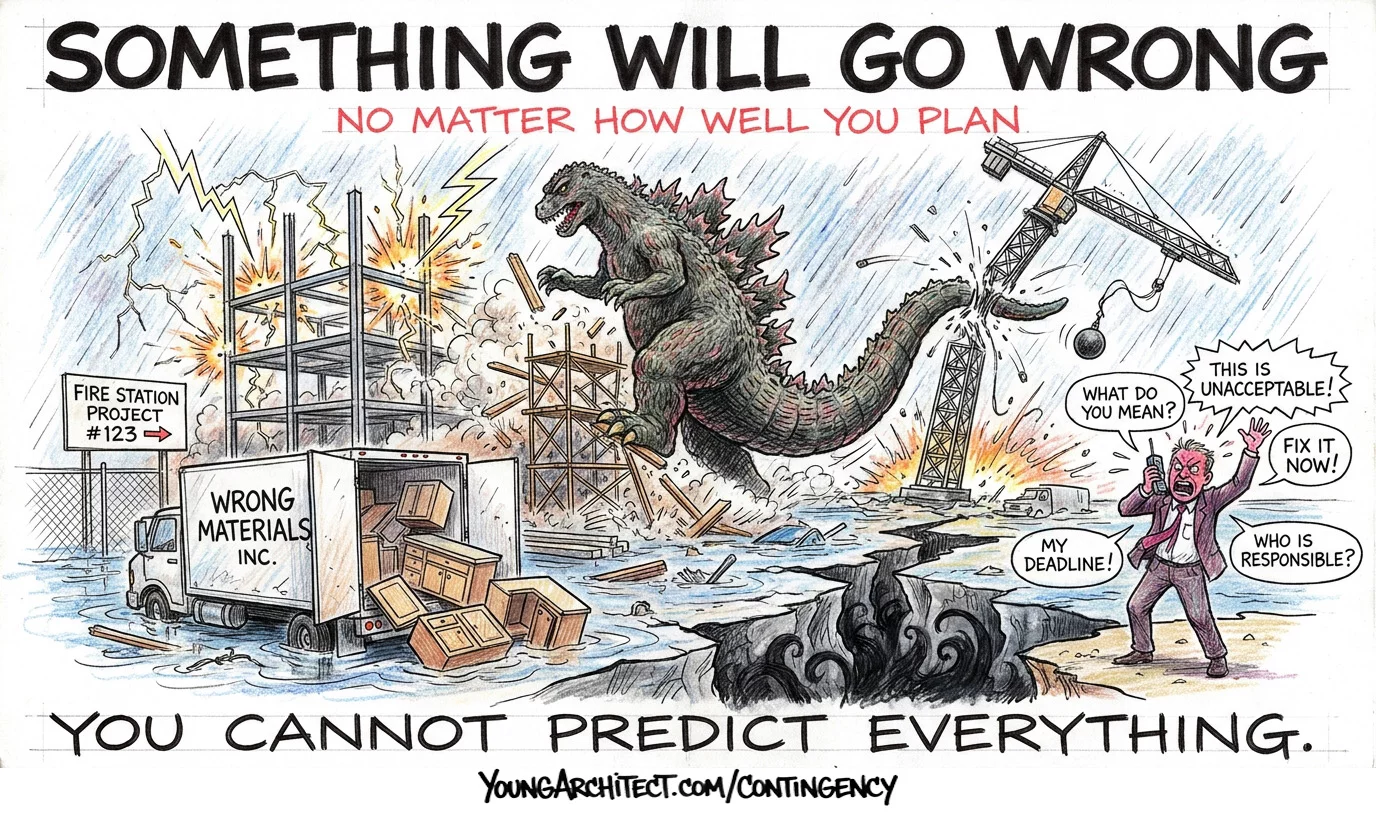 Monster destroying a construction site with wrong materials delivered and an angry project manager on the phone