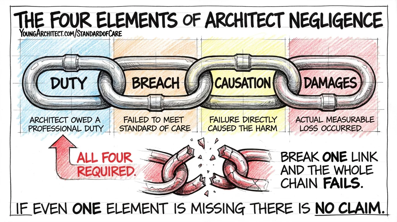 Four chain links showing duty, breach, causation, and damages required to prove architect negligence with a broken link below