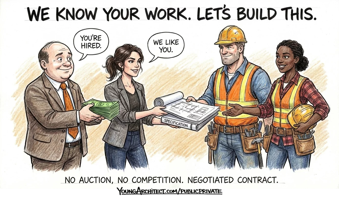 Owner hands cash to the contractor while the architect delivers drawings in a negotiated private selection