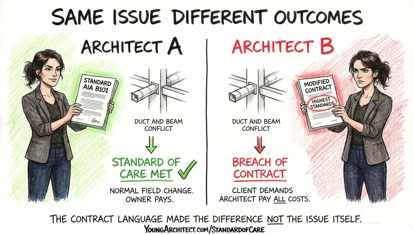 Architect A meets standard of care with AIA B101 while Architect B faces breach of contract from elevated language