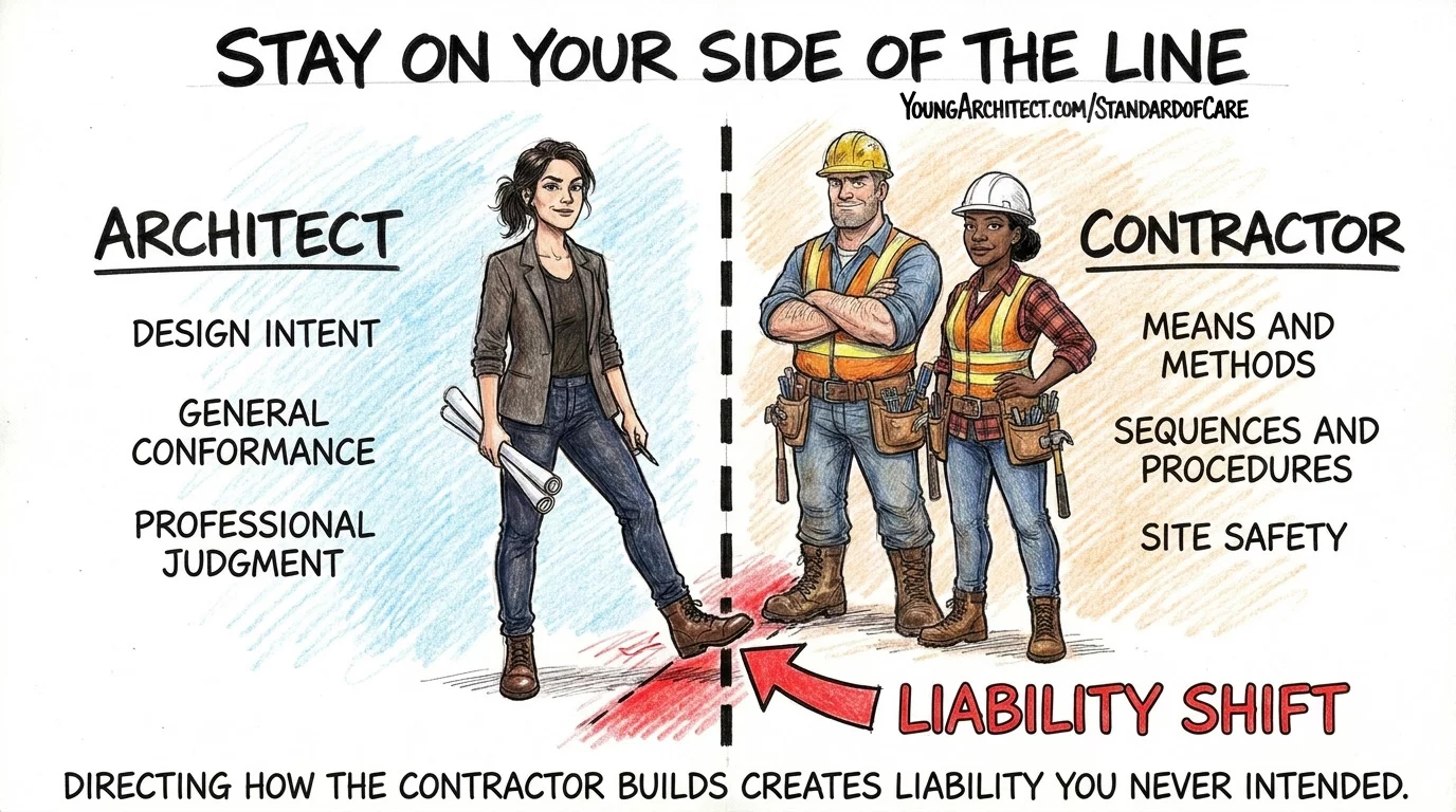 Architect and contractor separated by a boundary line showing design intent versus means and methods with liability shift warning