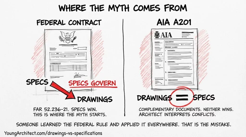 Hand-drawn comparison showing how the myth that construction specifications always override drawings originates from federal FAR contracts, not from how AIA A201 contract documents actually work.