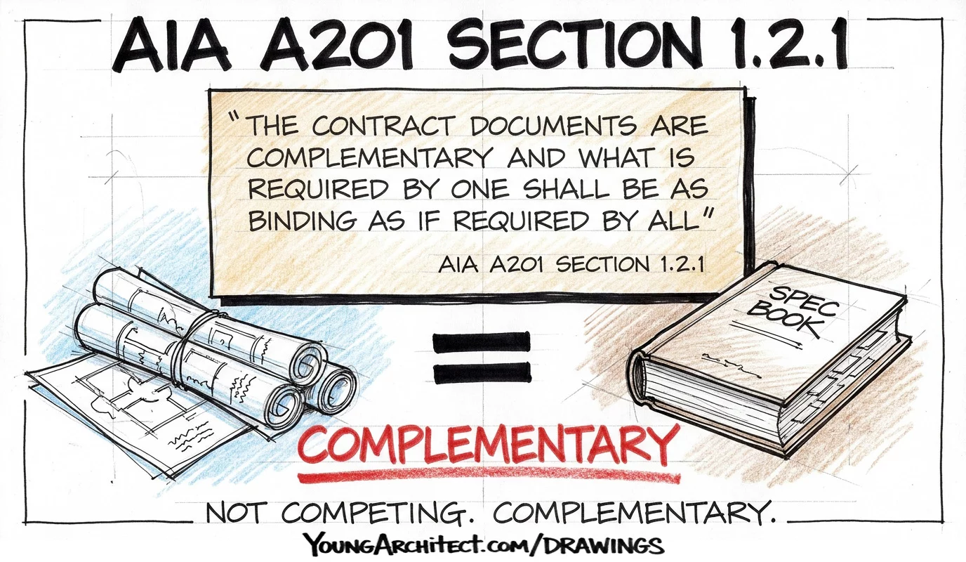 AIA A201 Section 1.2.1 quote showing contract documents are complementary with drawings and spec book as equals