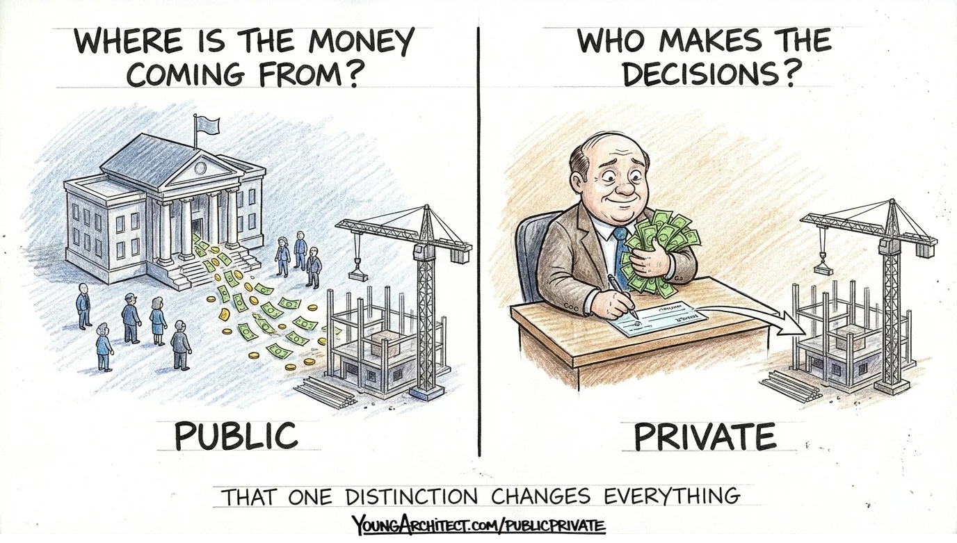 Public projects funded by taxpayers with committee decisions vs private owner writing a check alone