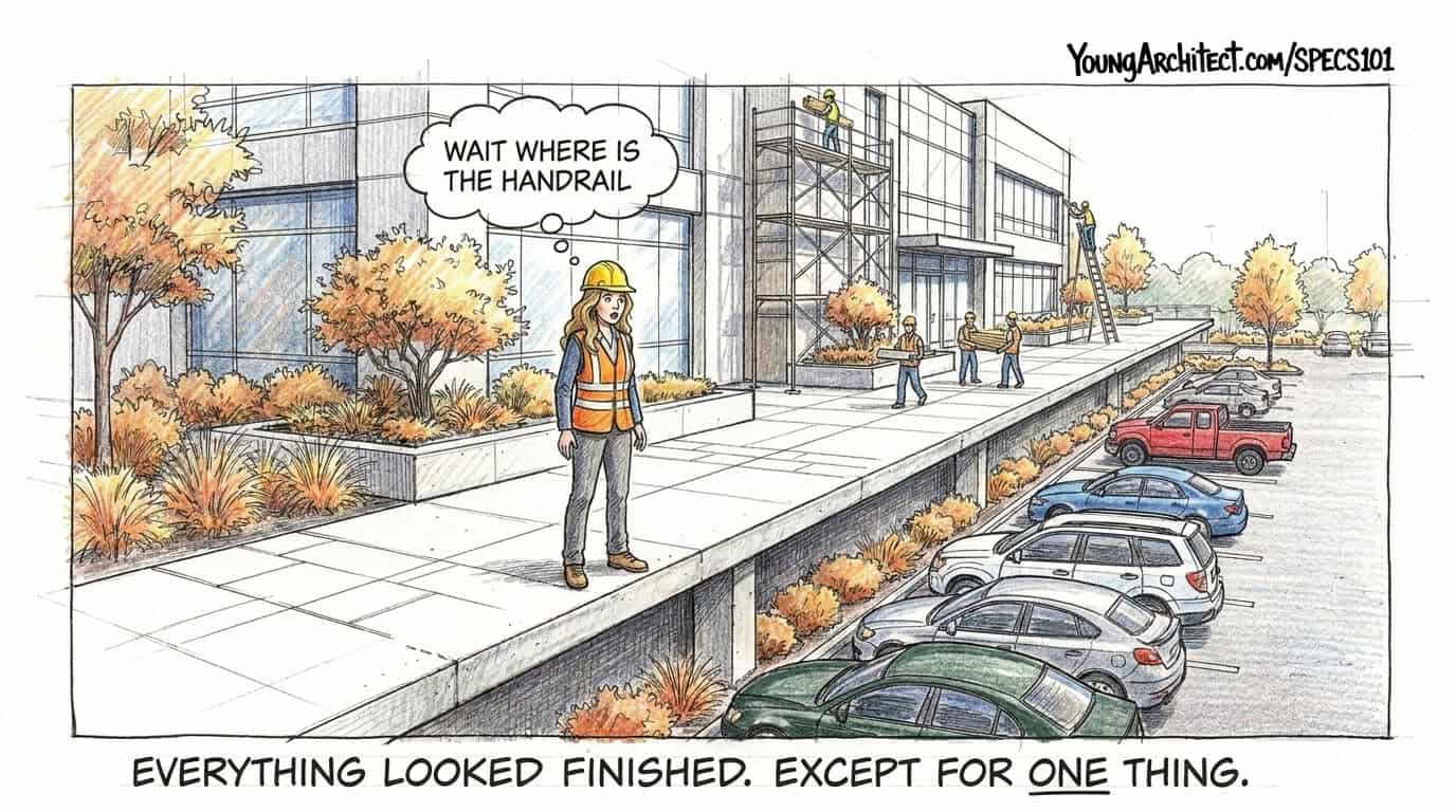 Architect notices a missing handrail along an elevated walkway next to a parking lot on a construction site