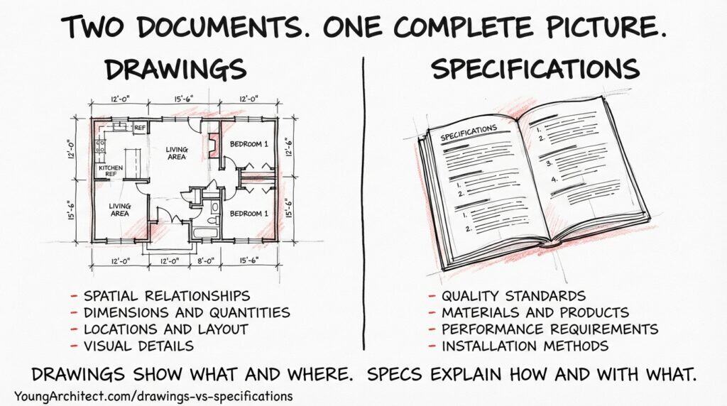 Hand-drawn sketch of how construction drawings and specifications work together as contract documents, with drawings showing spatial information and specs covering quality standards and installation methods.