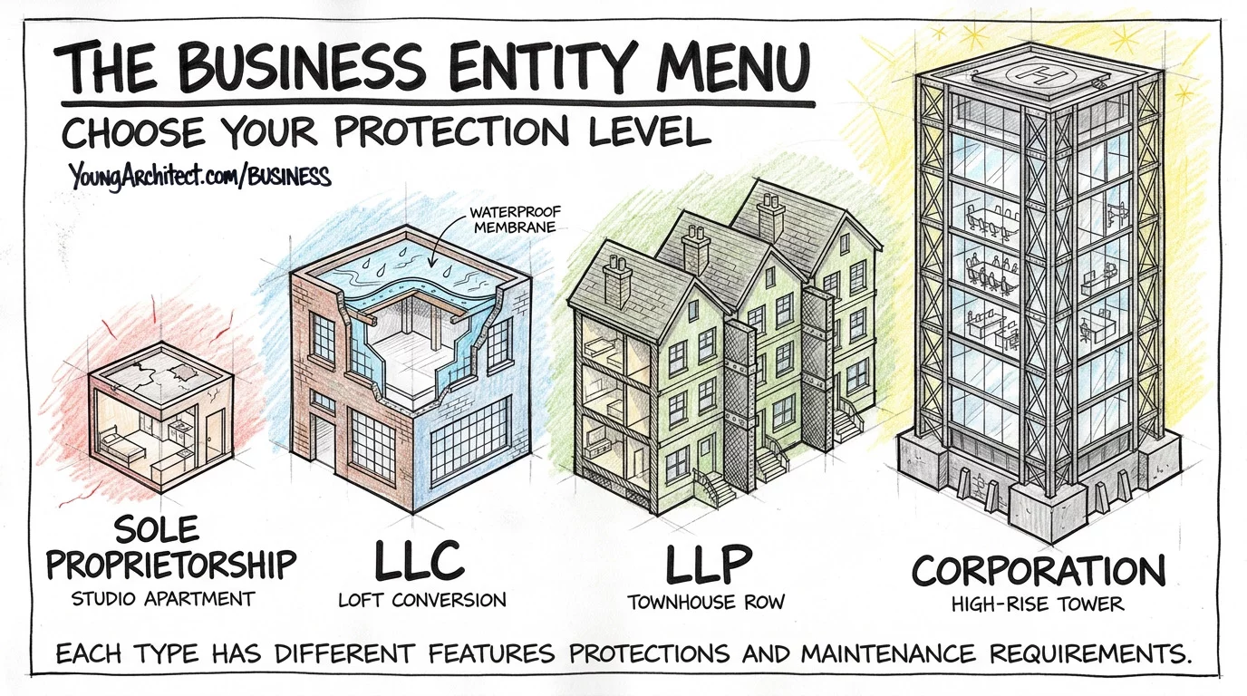 Business entity menu showing four building types from sole proprietorship to LLC to LLP to corporation with increasing protection