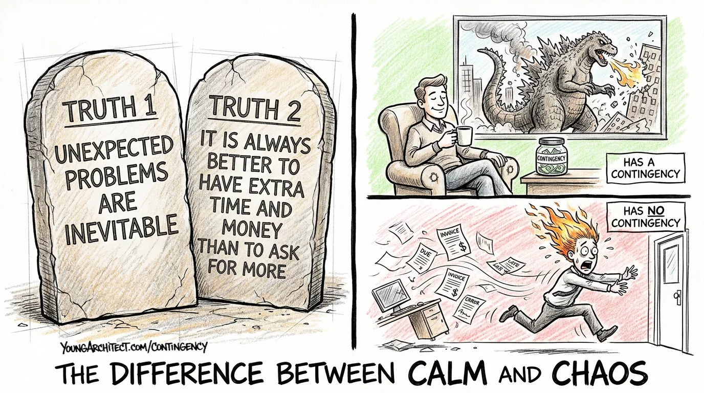 Two stone tablets with project management truths next to a calm architect with contingency vs one on fire without