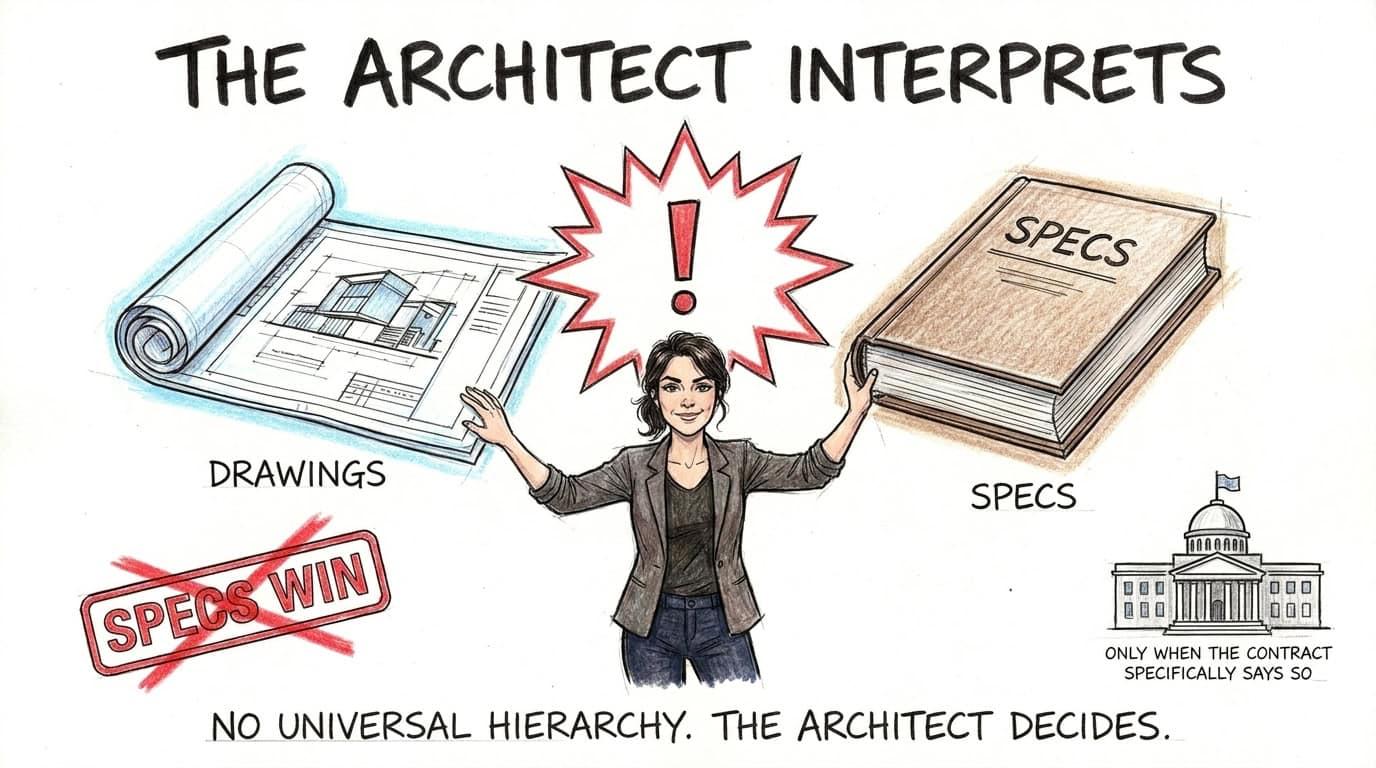 Architect stands between conflicting drawings and specifications as the interpreter with a crossed-out specs win stamp