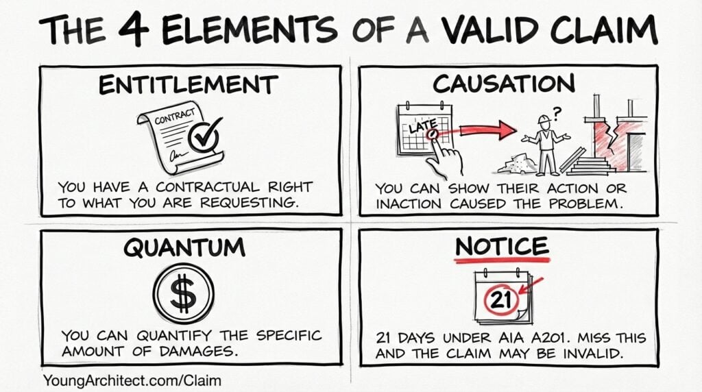 Hand-drawn diagram of the four elements required for valid construction claims including entitlement, causation, quantum, and the 21-day notice requirement under AIA A201.