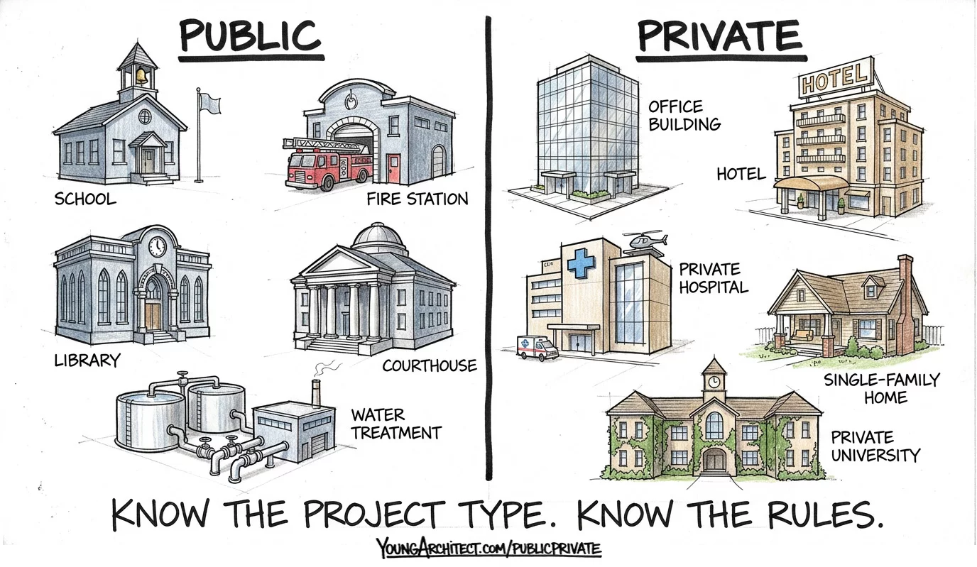 Public works projects lineup showing school, fire station, library, courthouse, and water treatment plant