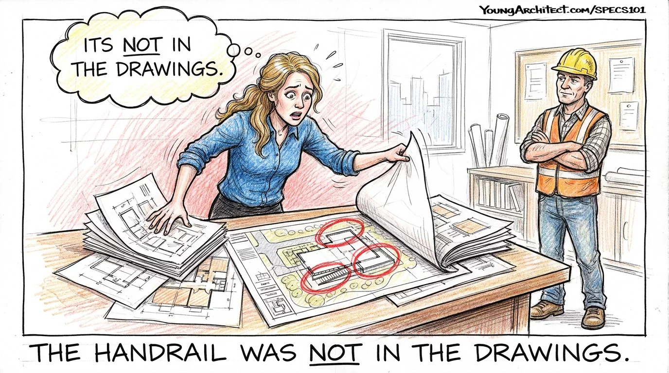 Architect frantically searches construction drawings for a missing handrail while the contractor watches