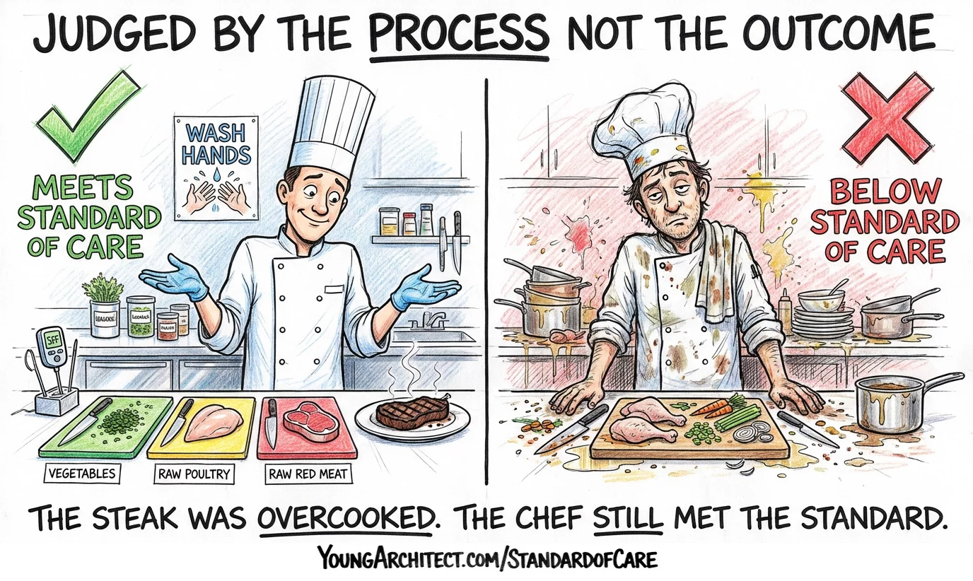 Chef analogy for standard of care showing proper technique with an overcooked steak versus unsafe kitchen practices