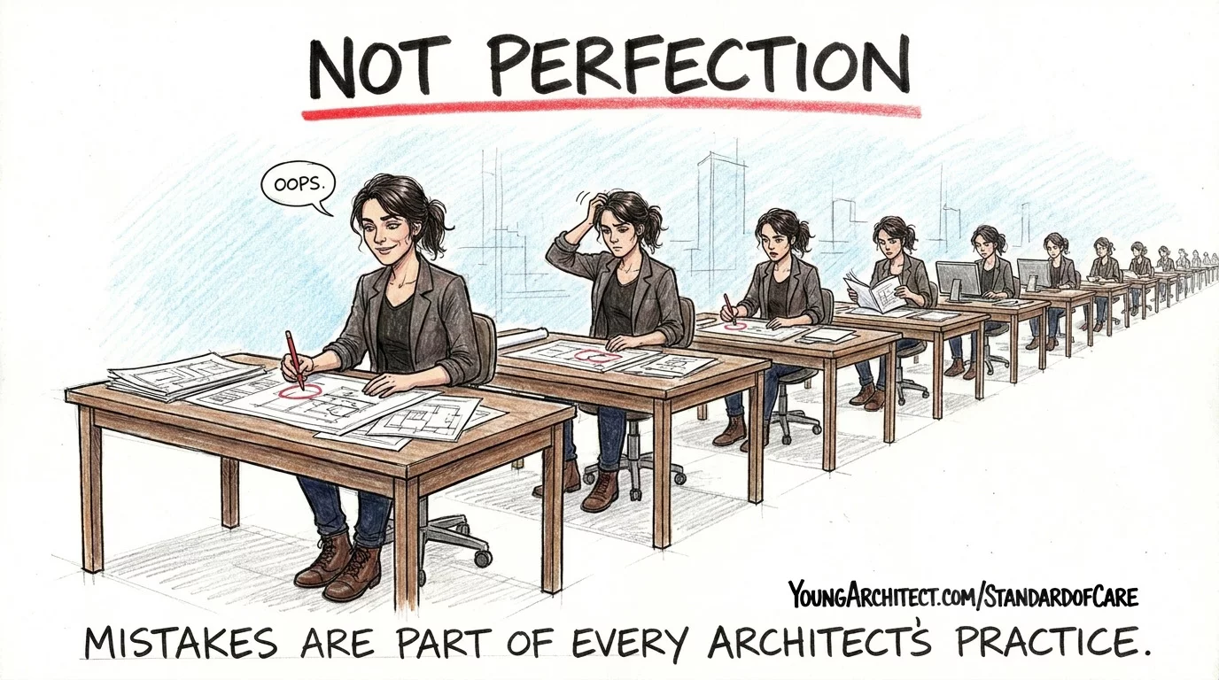 Architect catches a drafting error while colleagues work, showing that mistakes are part of every professional practice