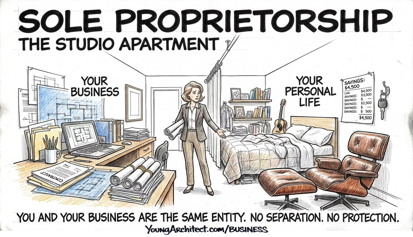 Sole proprietorship shown as a studio apartment with no wall between business desk and personal life including Eames chair