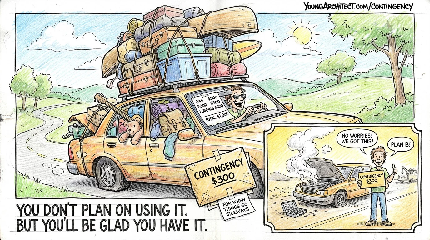 Overloaded road trip car with a $1,000 budget breakdown and $300 contingency envelope for when things go sideways