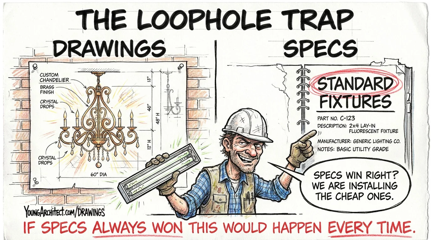 Contractor grins and claims specs win while holding a basic light fixture next to drawings showing a brass chandelier